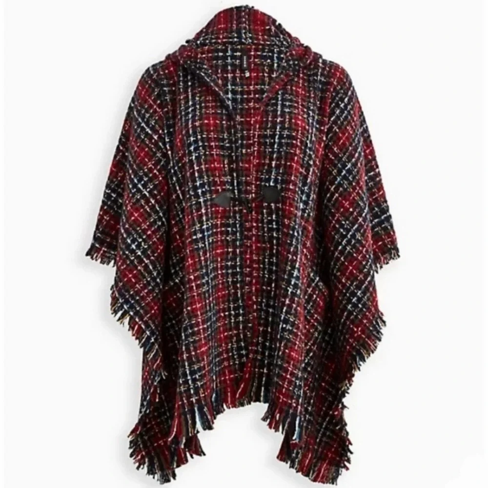 Torrid Hooded Ruana Plaid Poncho One Size - Picture 6 of 7